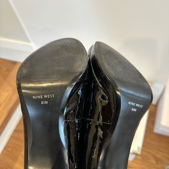 Classic patent peep toe. Worn twice.  Looks killer with shiny black pedi. - Picture 2 of 7